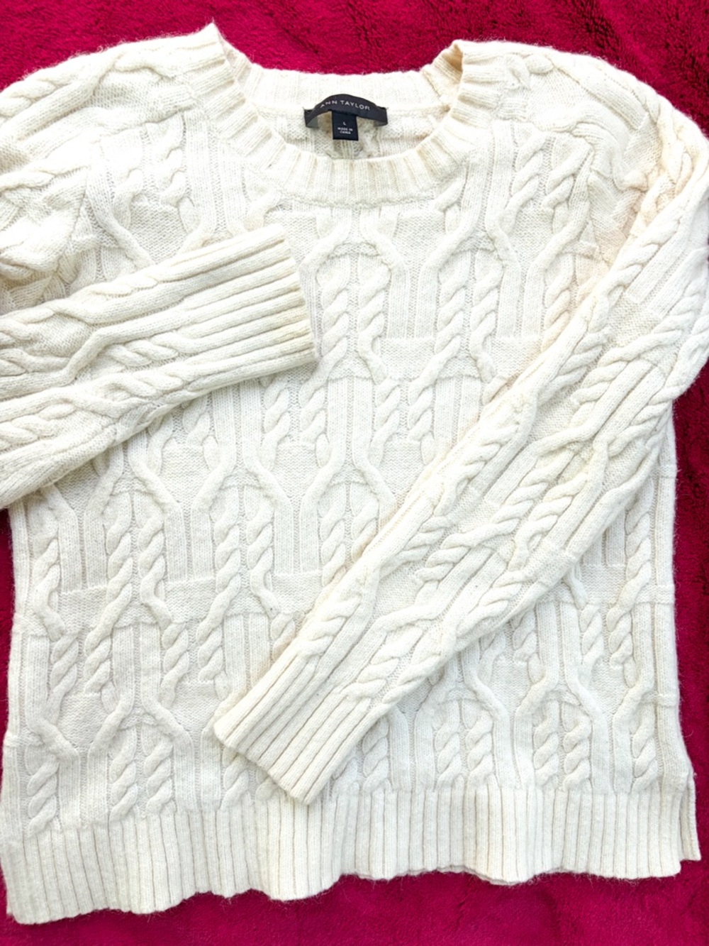 Ann Taylor Cable Knit Sweater Cream Chunky Cozy Classic L